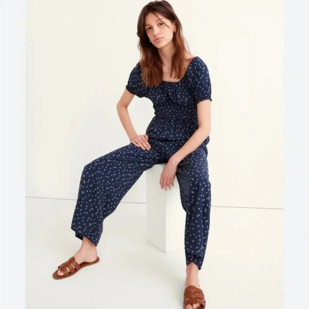 Madewell Blue Sophia Jumpsuit Bandana Flower with Puff Sleeves 2X